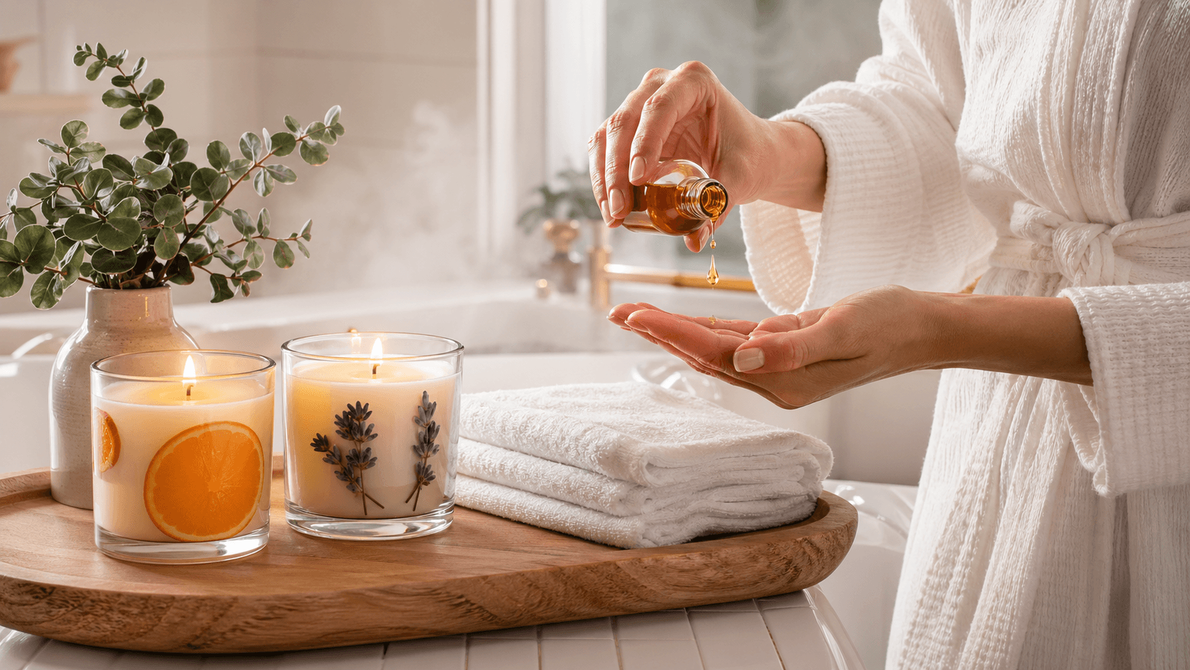 Amber body oil bottle beside a lit candle and stacked towels on a sunlit table with soft warm tones.