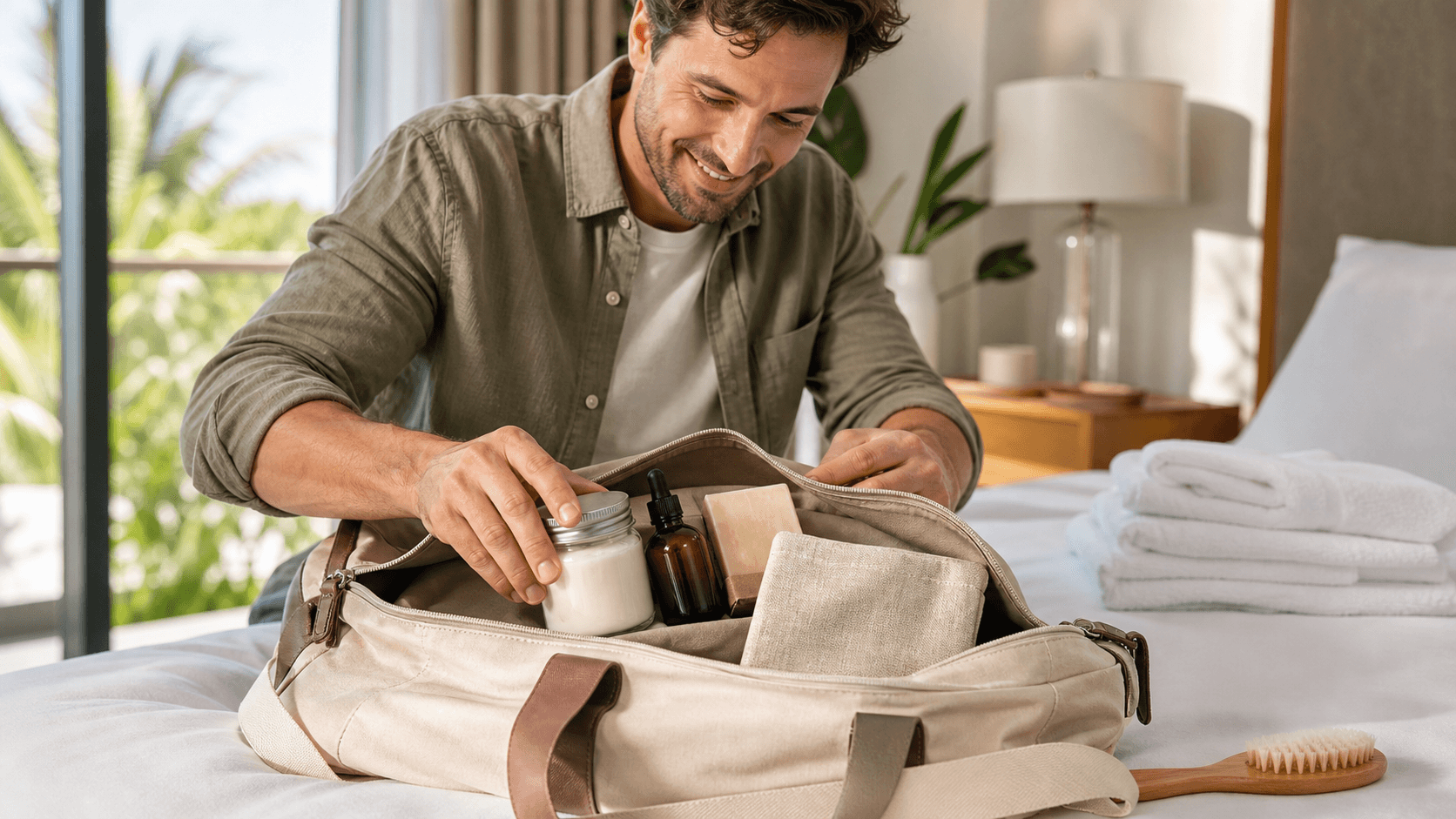 Flat lay of travel-size soaps, lotion, and balm tins on a beige linen cloth with soft natural light.
