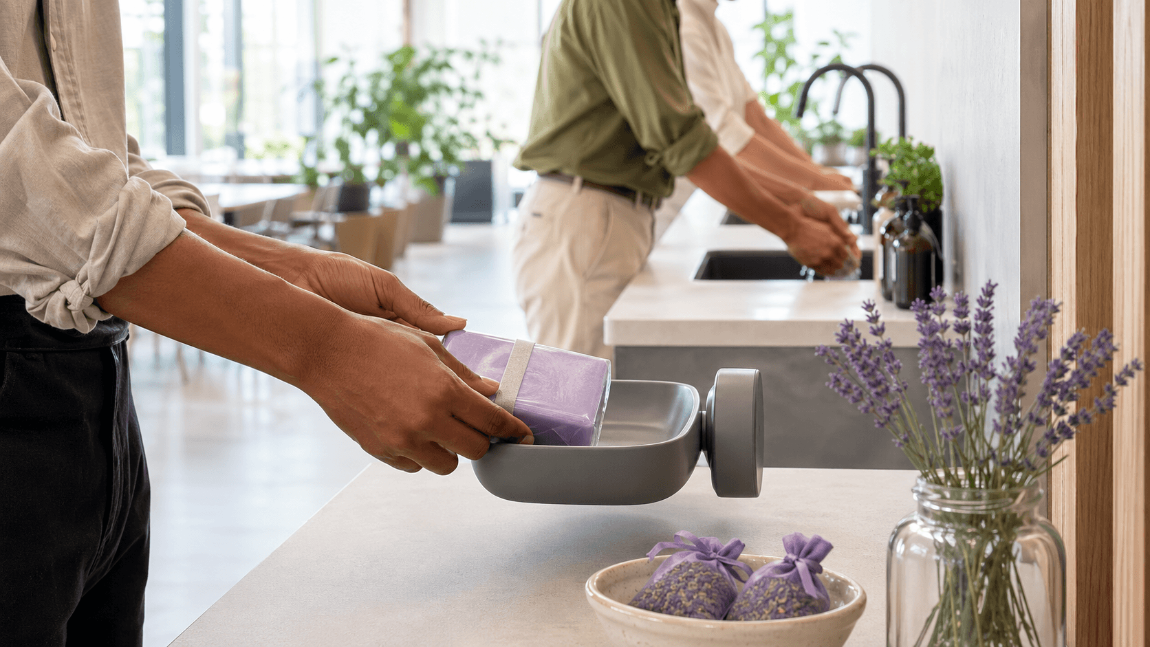 Lavender-scented purple bar soap on a light surface with fresh lavender sprigs and soft natural light.