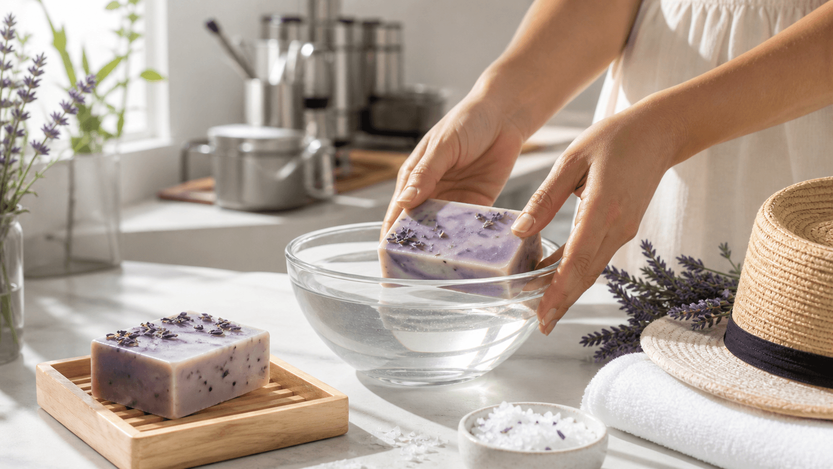 Lavender soap bar on a white dish beside purple lavender sprigs, softly lit on a light wooden surface.