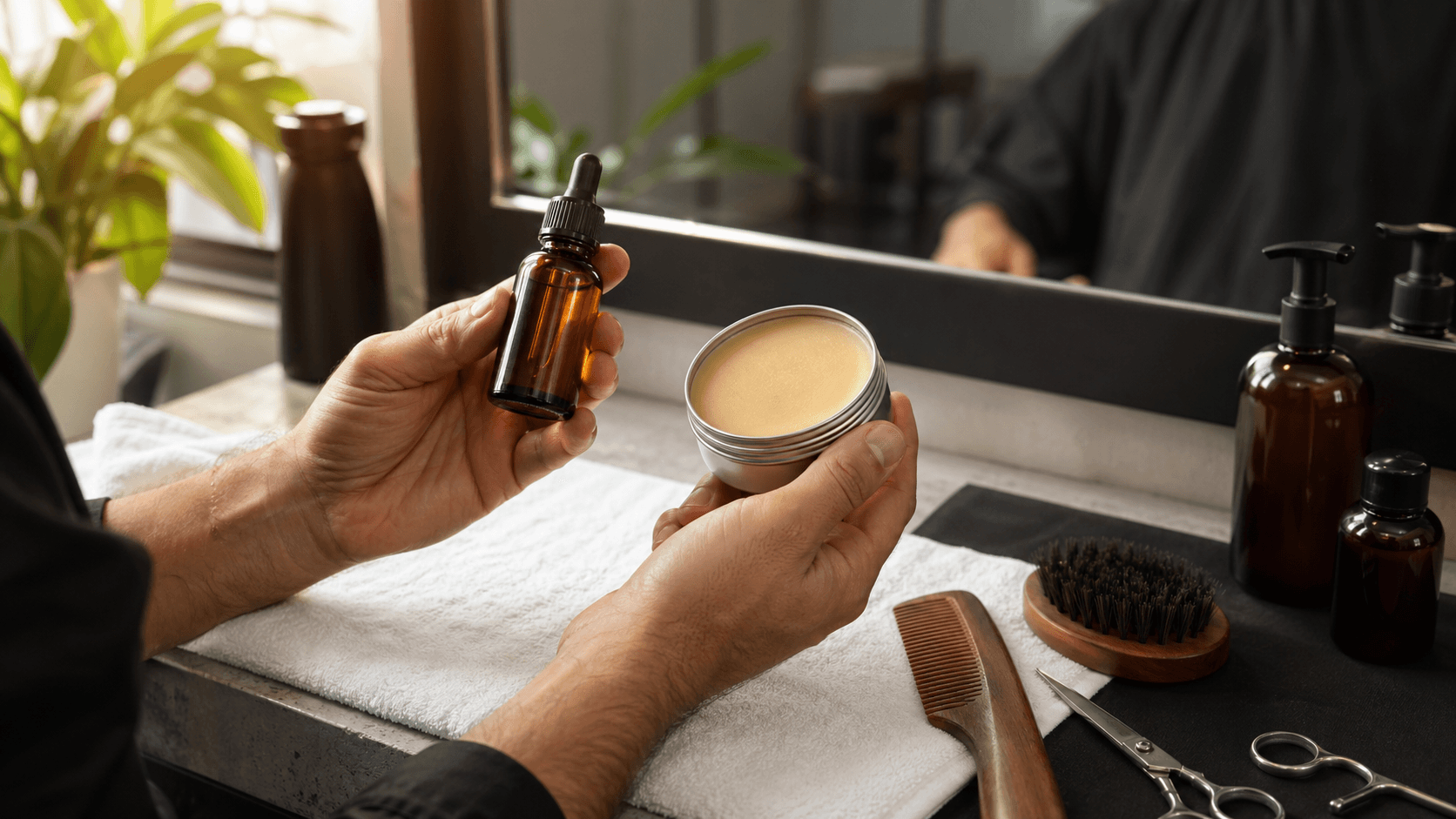 Amber beard oil dropper bottle beside a silver tin balm on wooden surface, warm soft light and dark background