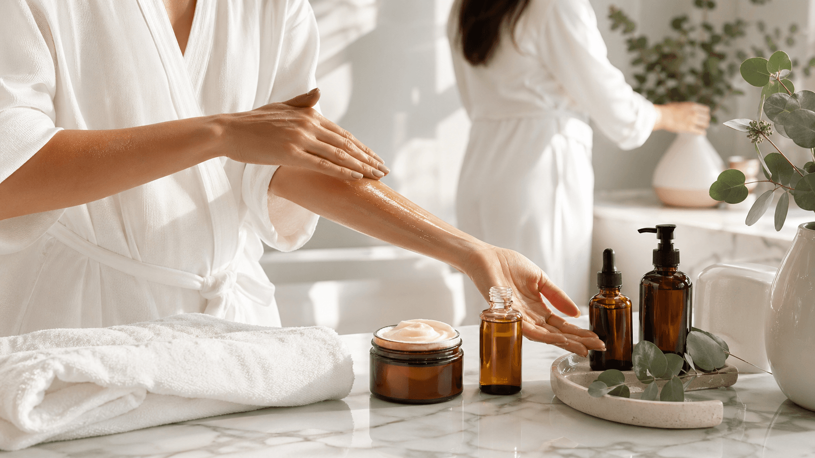 Amber body oil bottle and white lotion tube on a sunlit bathroom counter with soft shadows and green leaves.