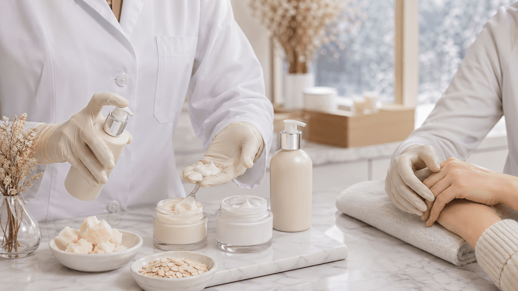 Two open jars of yellow butter lotion and white cream on snow, with frosty air and cool blue lighting.