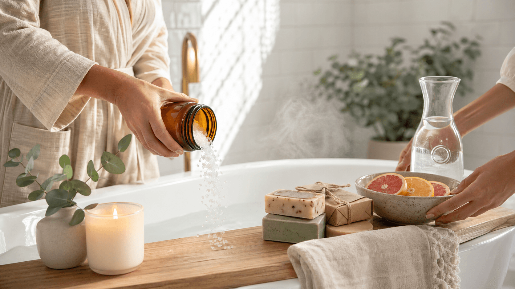 Lit candle beside a bubble bath with rose petals, folded towels, and warm golden spa lighting.