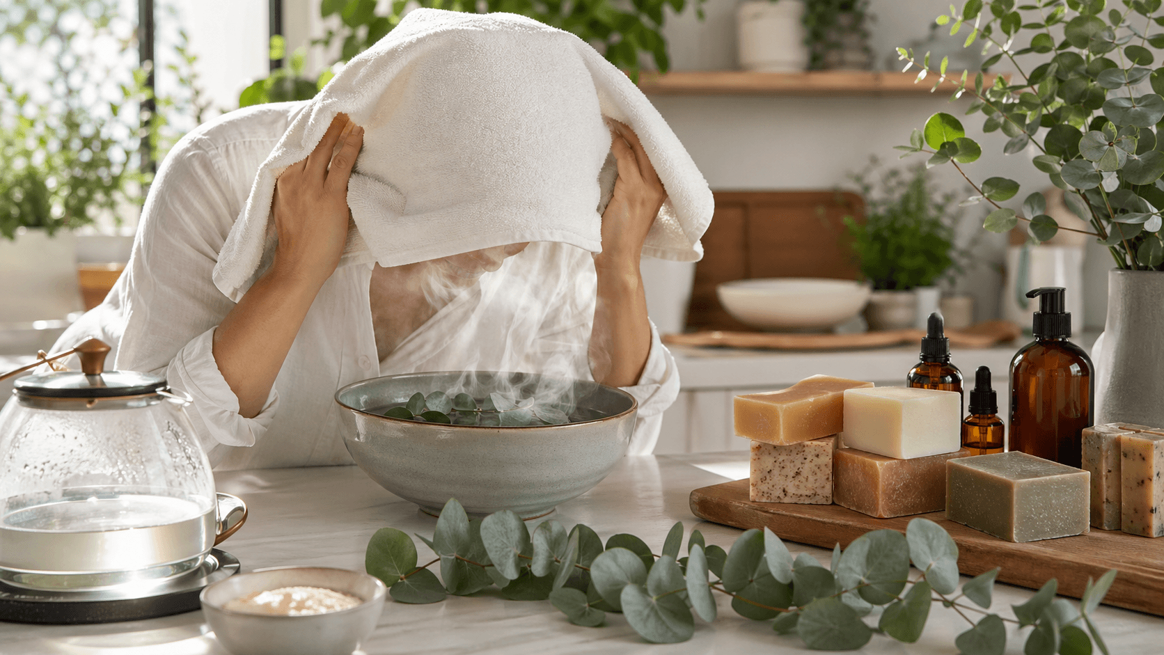 Steaming bowl with eucalyptus leaves and rising mist on a wooden table in soft, natural light.