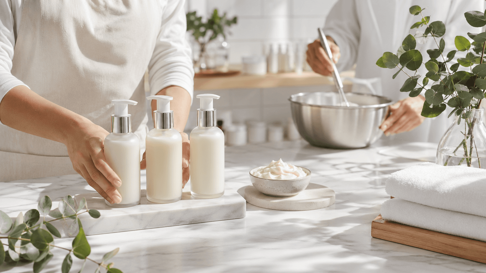 Minimalist bathroom shelf with amber bottles, white towels, and soft natural light on a beige background