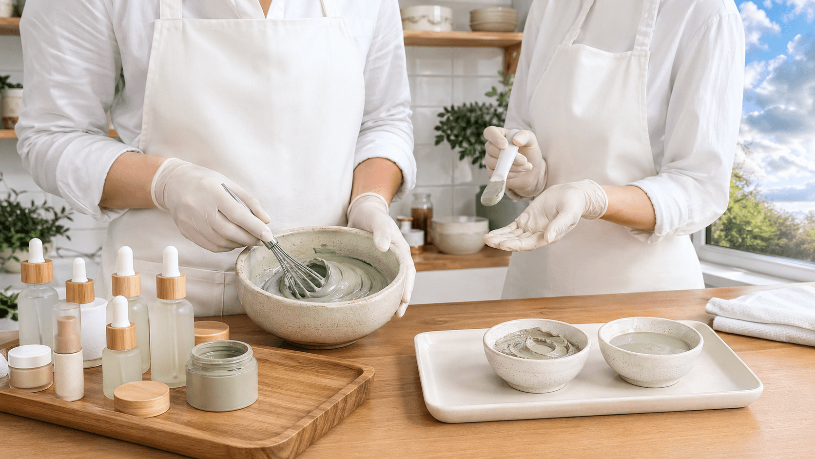 Open jar of green clay mask with wooden spoon on a neutral countertop, soft daylight and blurred background.
