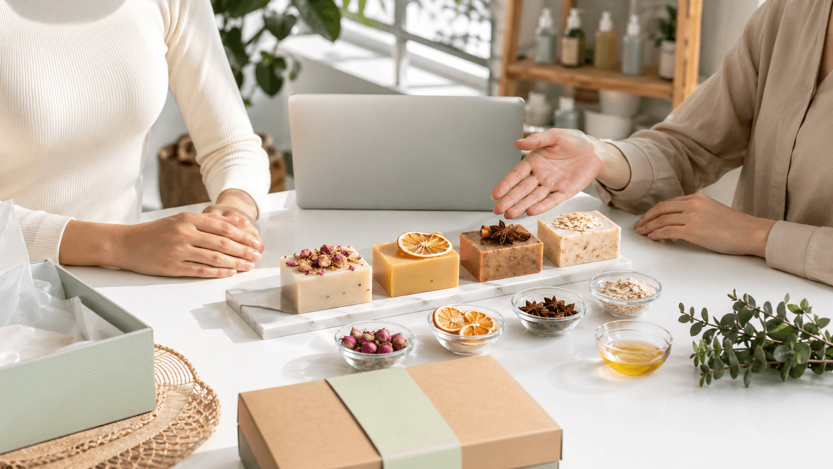 Flat lay of pastel soap bars, dried flowers, and a laptop on a light wood table in soft natural light.