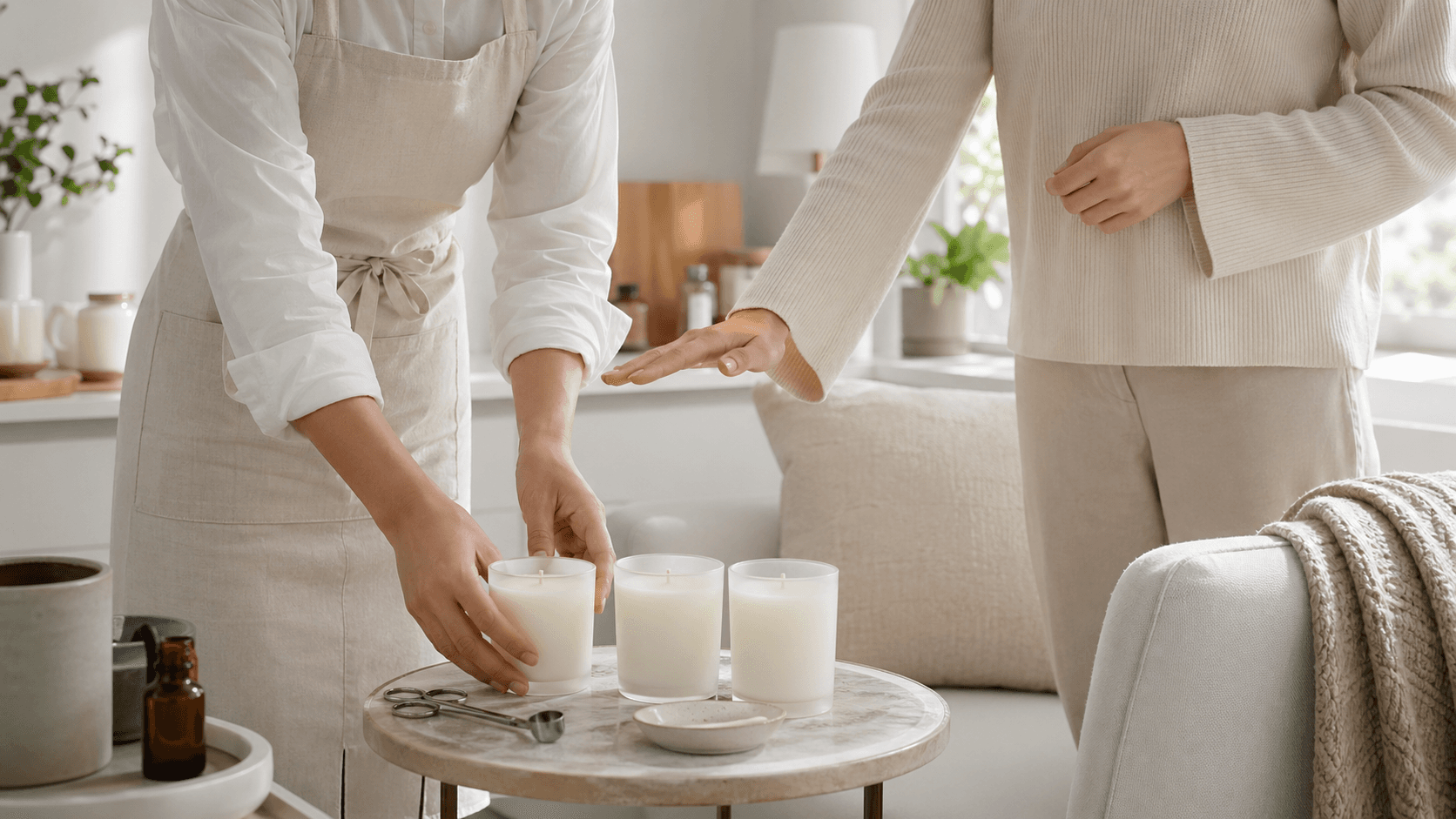Cozy small room with a lit candle on a wooden table, soft warm glow, neutral decor, gentle shadows.