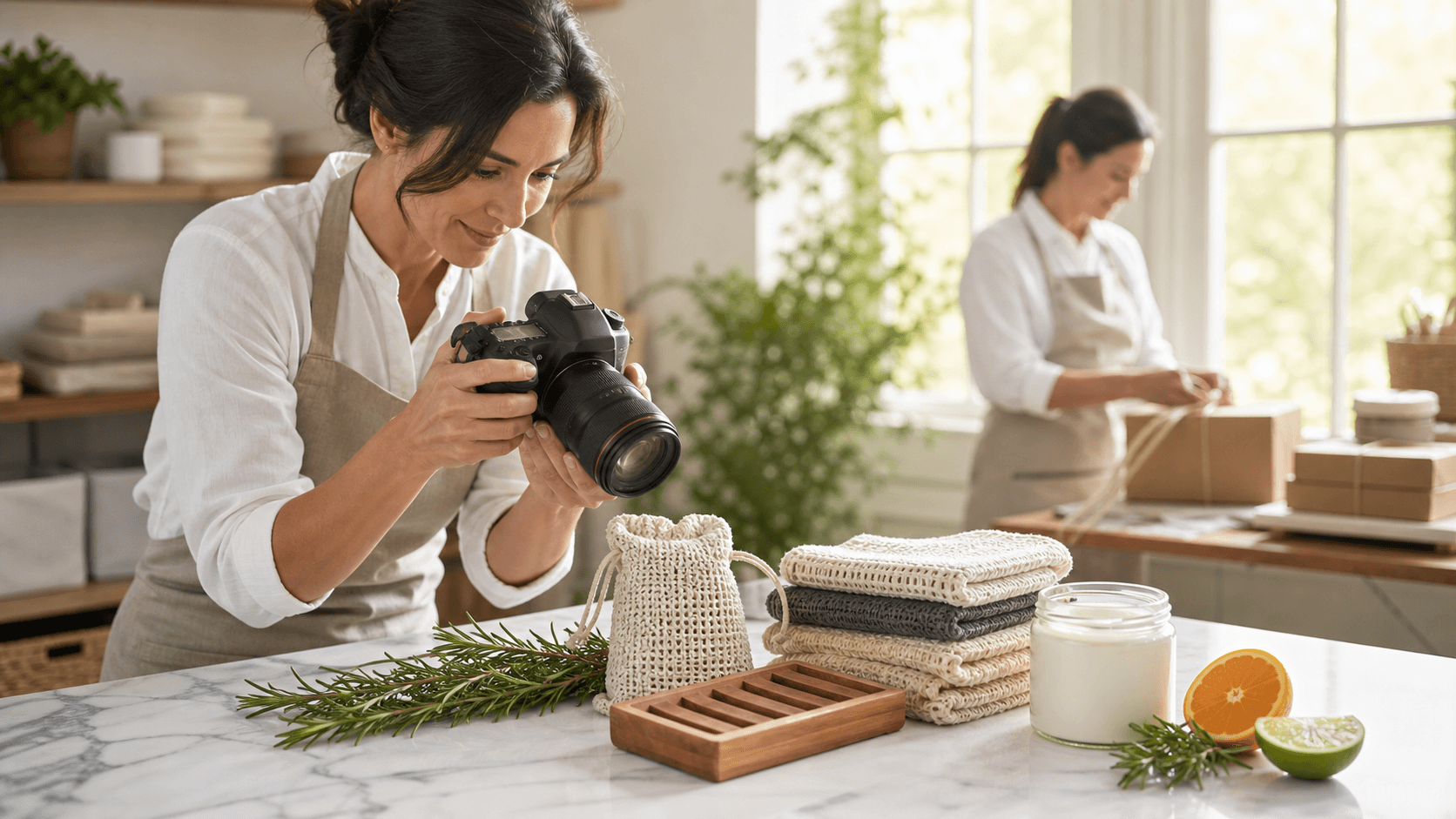 Sunlit bathroom flat lay of handmade soap, loofah, wooden brush, and towels in soft neutral tones