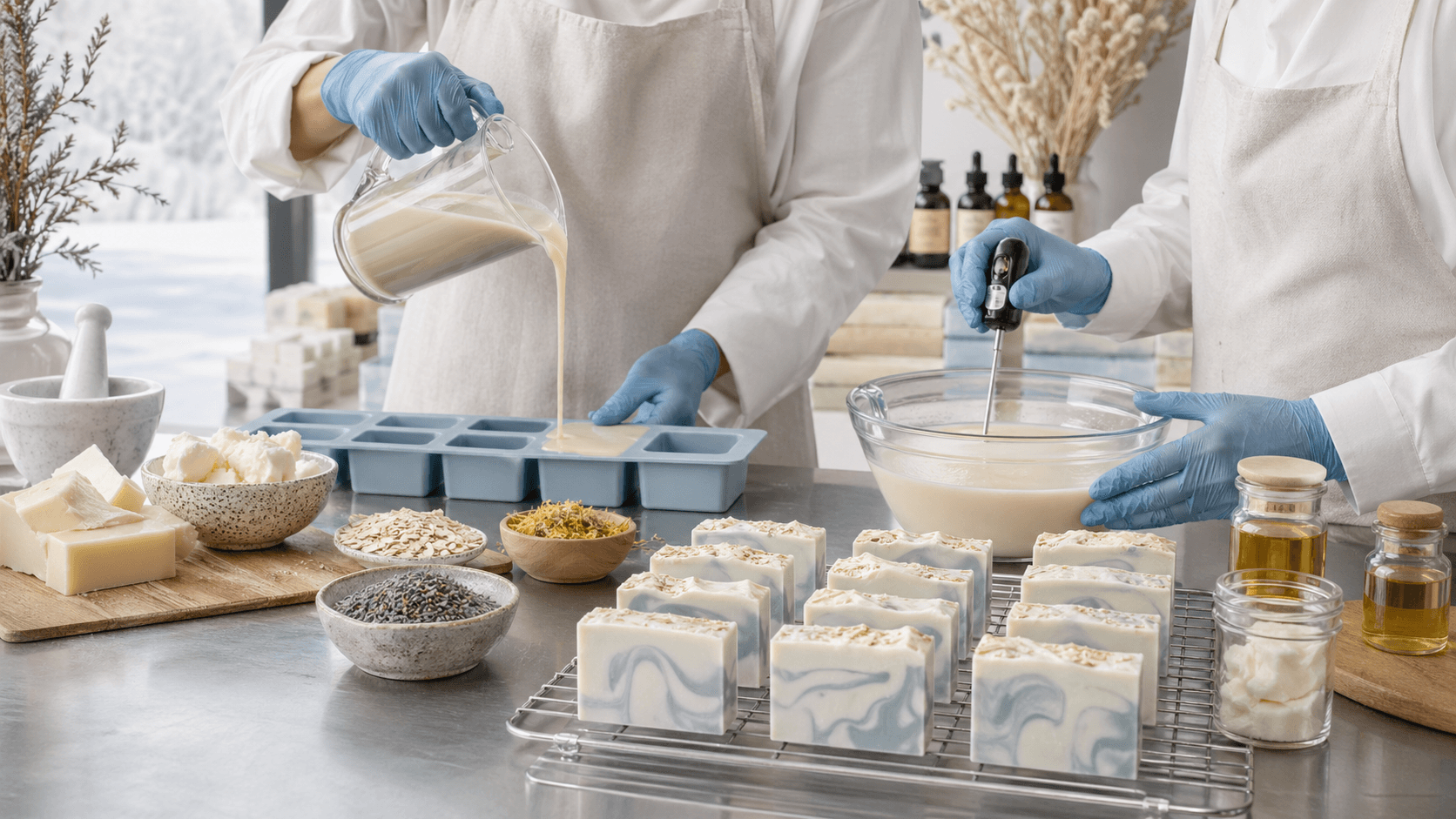 Rustic wooden table with stacked bar soaps, pine sprigs, and snowflakes in soft, cool winter light