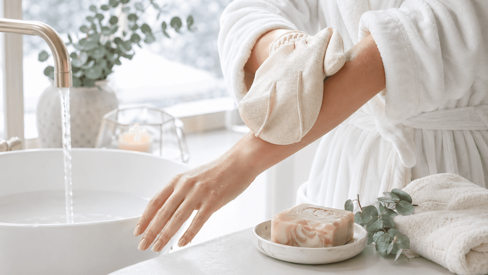 Beige silk exfoliating glove beside a jar of cream on a snowy white surface, soft natural light.