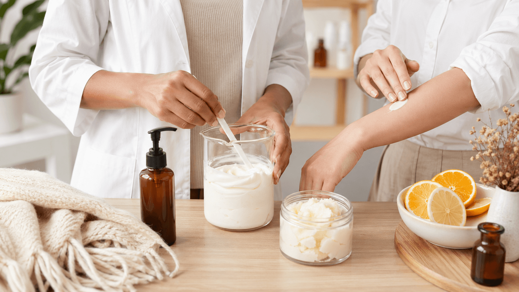 Open jar of shea butter and lotion bottle on snowy surface, soft beige tones with warm light and blurred winter backdrop.