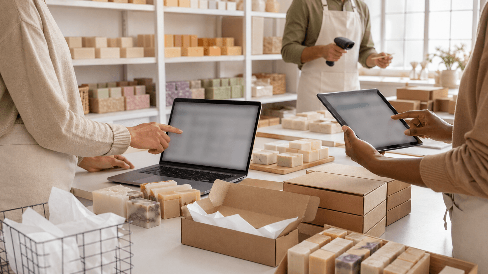 Flat lay of colorful handmade soap bars with labels on a white background, soft natural light and gentle shadows
