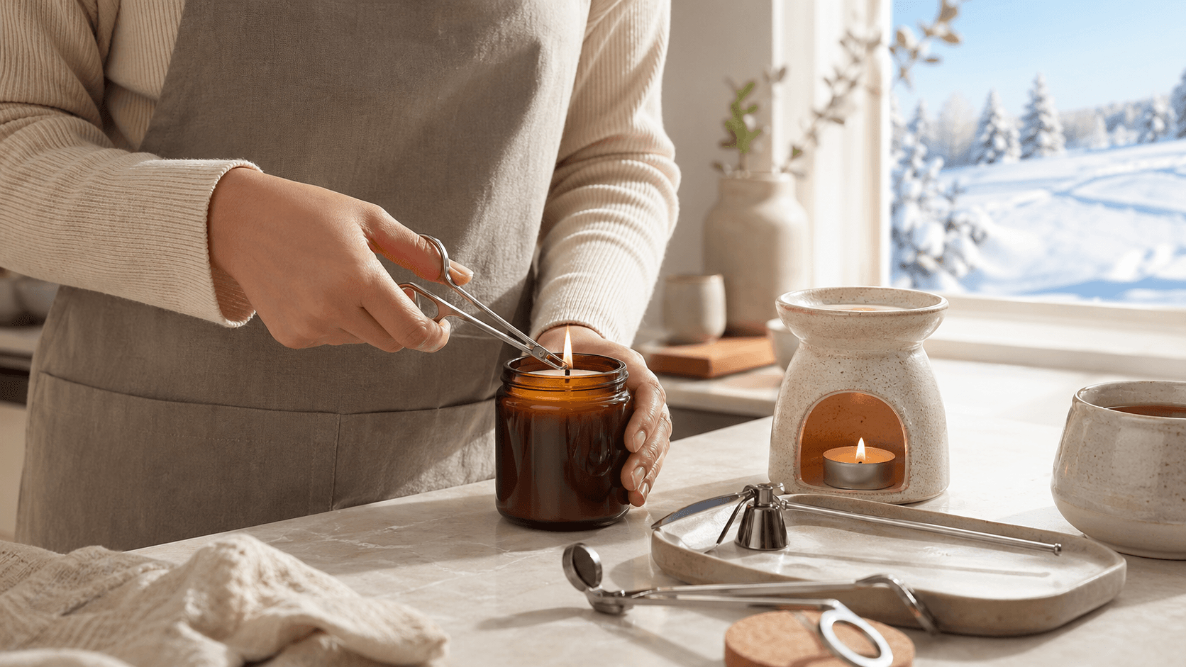 Lit soy wax candle in a glass jar on a windowsill, warm glow against a snowy dusk outside.