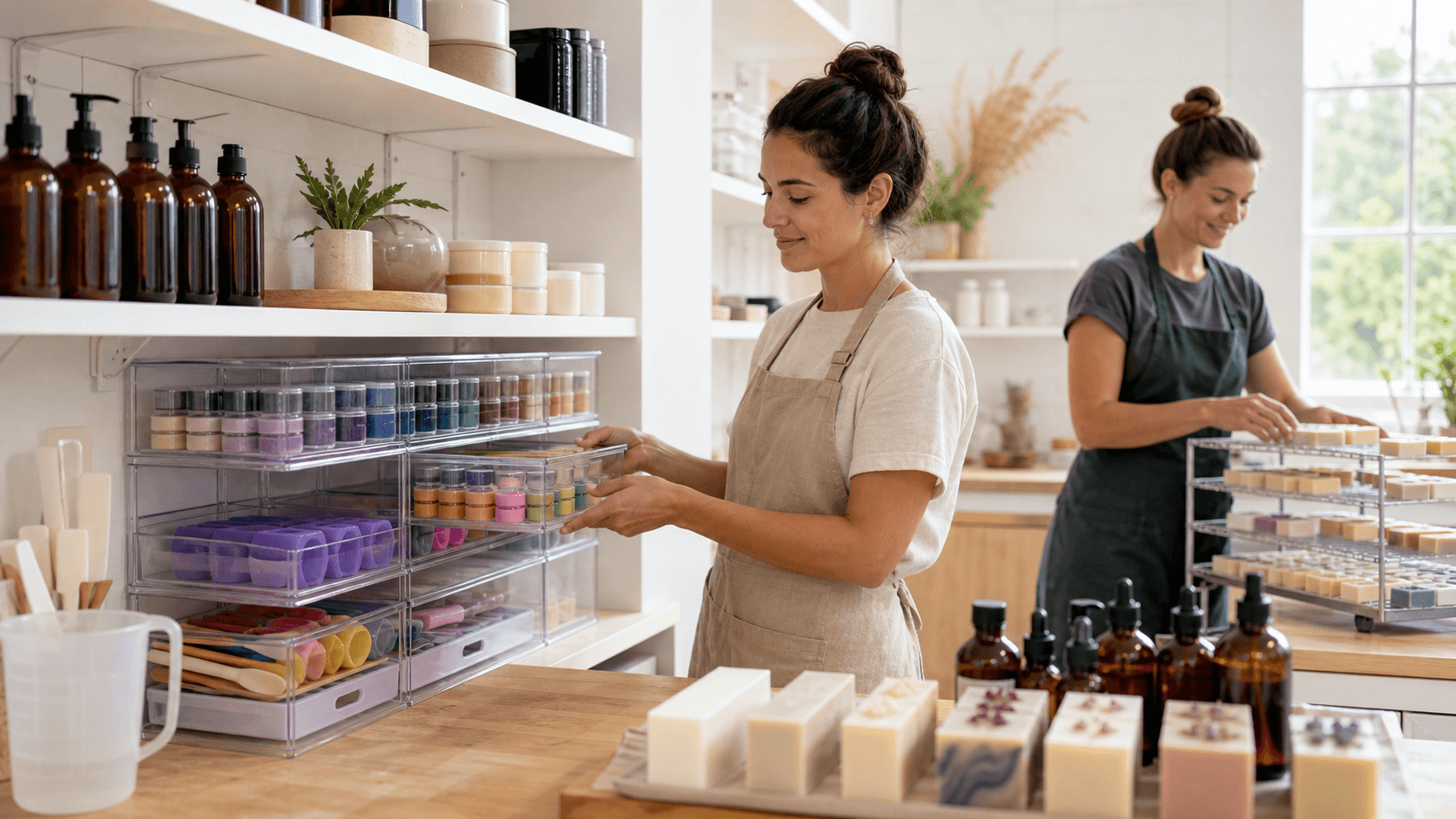 Neatly labeled jars, oils, and soap molds on open shelves in a bright craft room with natural light.