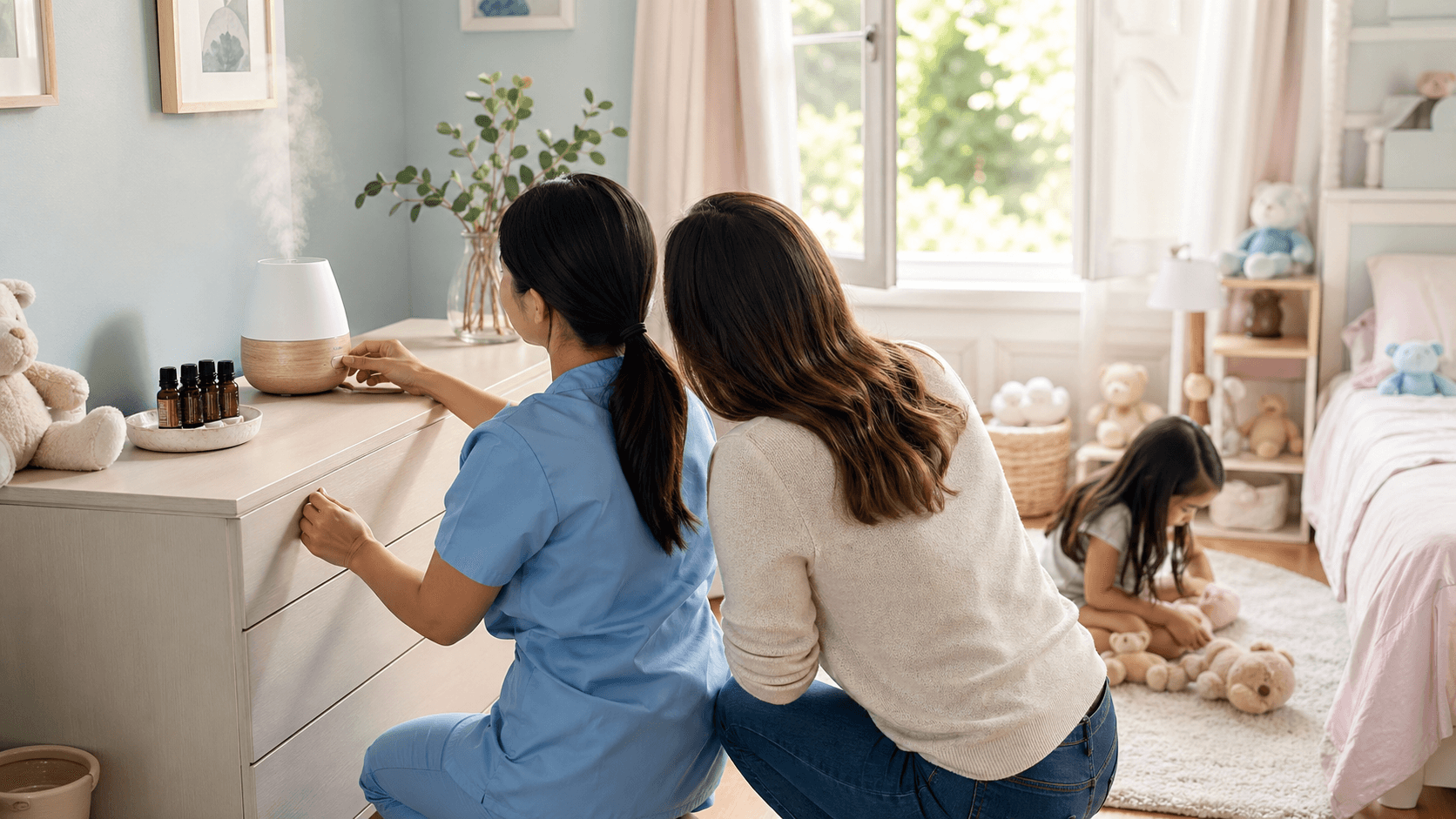 White essential oil diffuser steaming on a nightstand beside a teddy bear in a softly lit kids bedroom