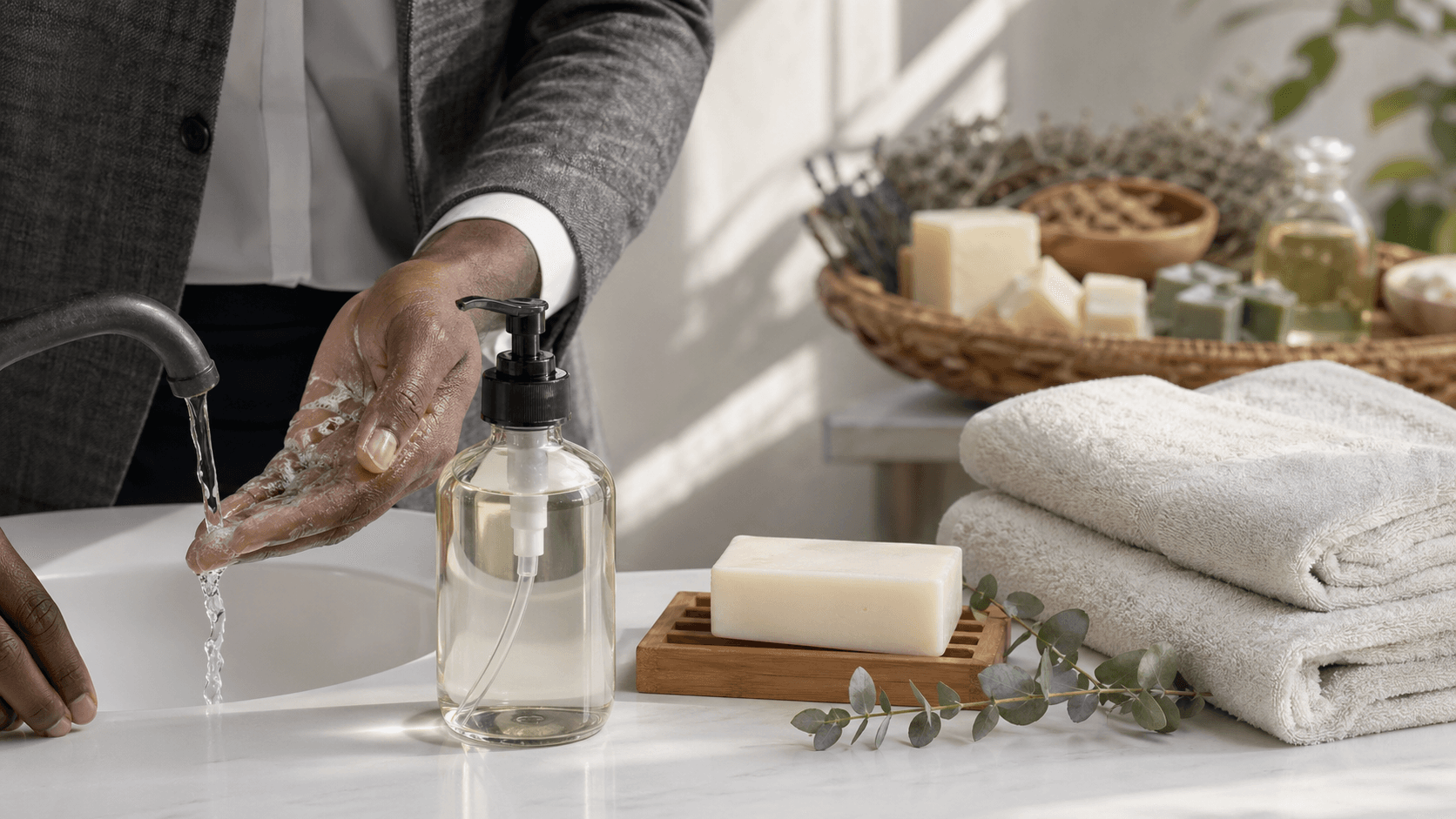 Split bathroom scene with a blue pump bottle and white bar soap on a wet tile, bright natural light.