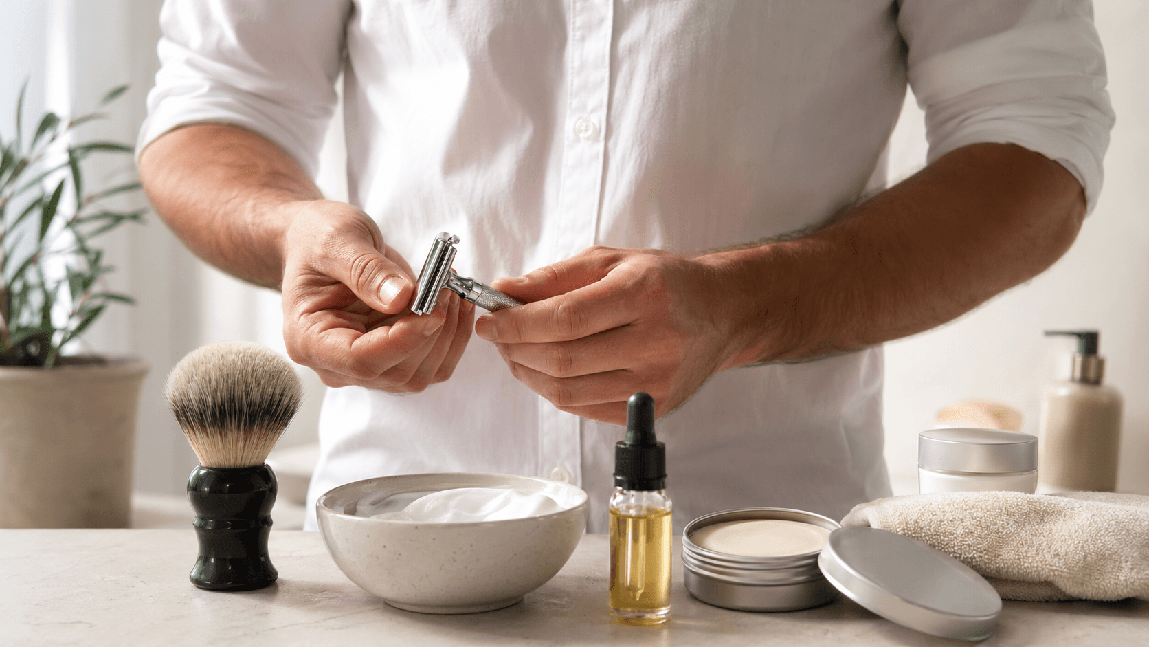 Silver safety razor, shaving brush, and cream on a white countertop with soft light and scattered water droplets.