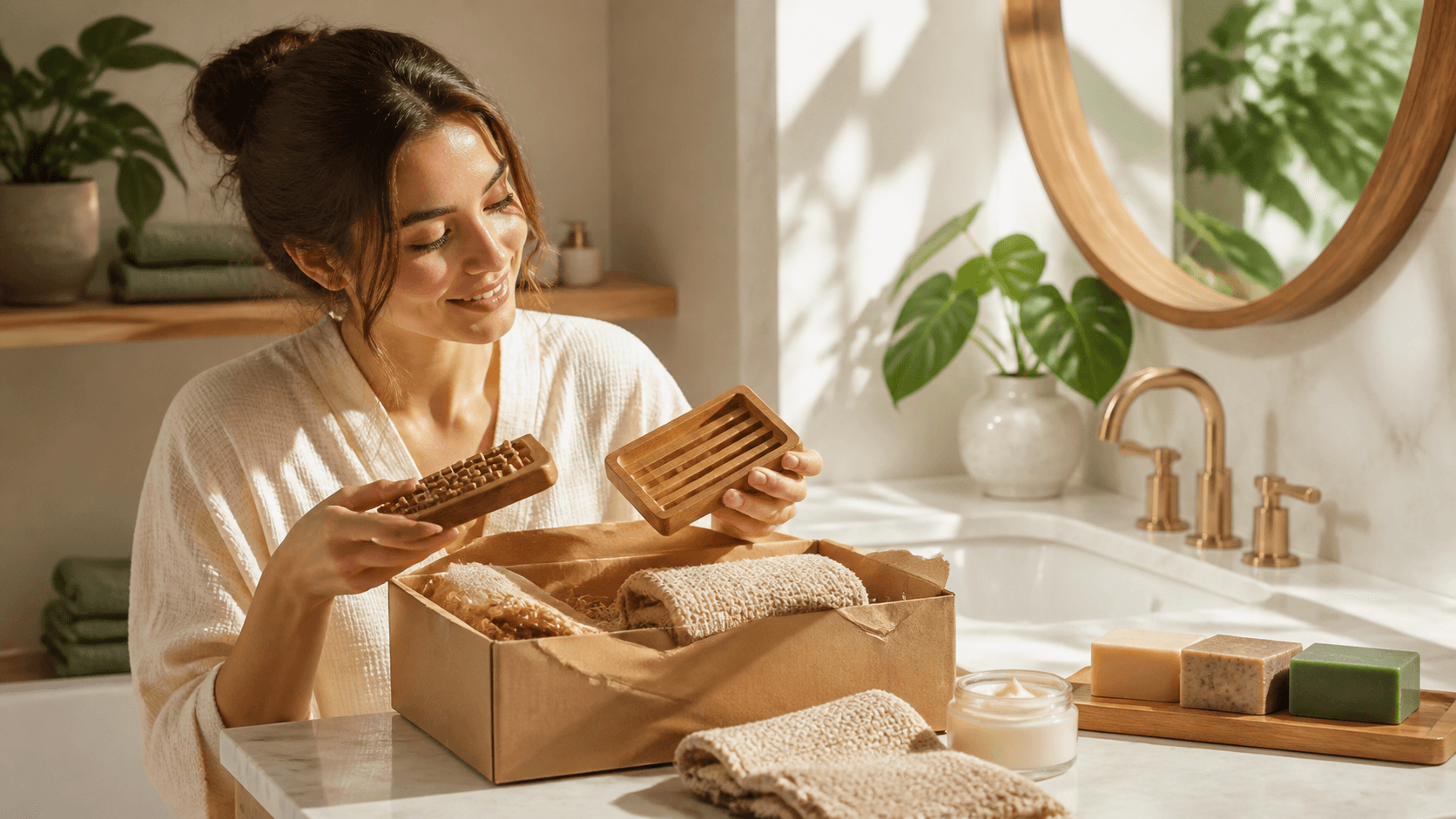 Handmade soaps, wooden brushes, and bath salts arranged on a white towel beside a laptop in soft natural light.