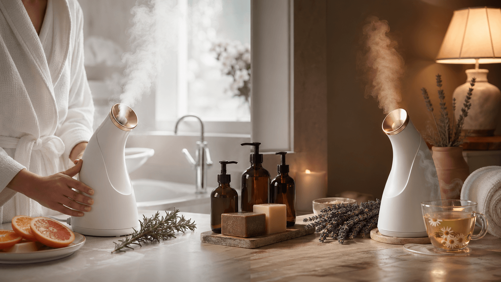 Split scene of a handheld facial steamer: bright sunrise on left, dark starry night with moon on right.