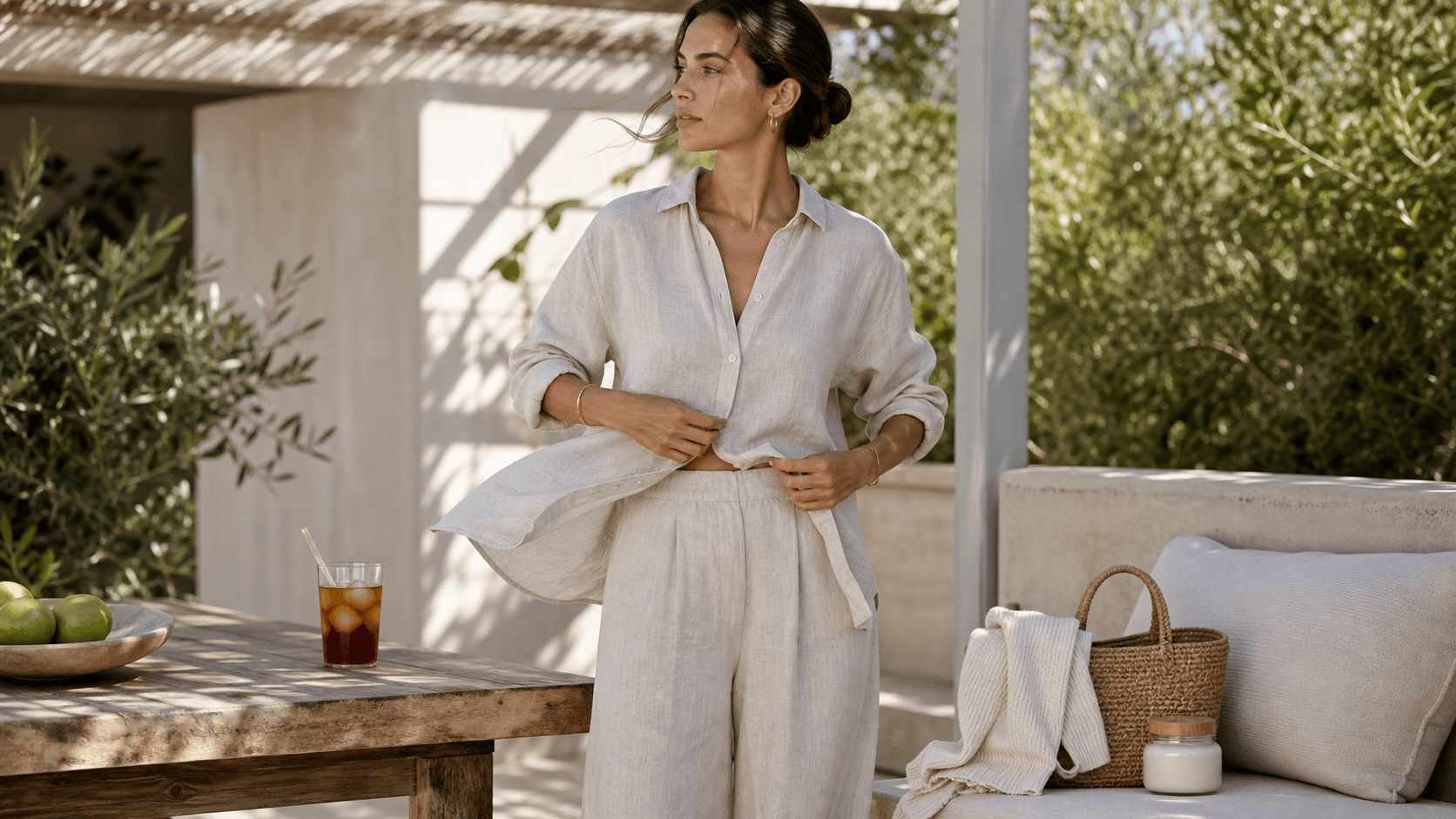 Sunlit flat lay of lightweight linen women’s clothes in beige and white on a warm sand-colored background.