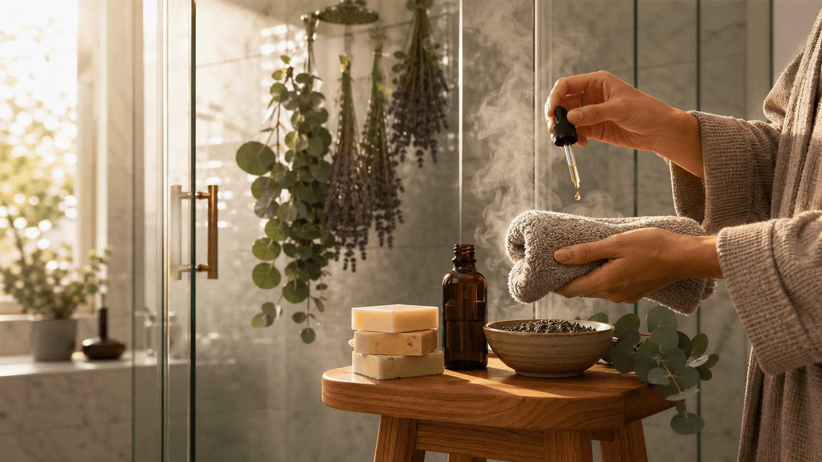Sunlit modern shower with glass enclosure, steam haze, eucalyptus bundle hanging, and amber essential oil bottles on a shelf