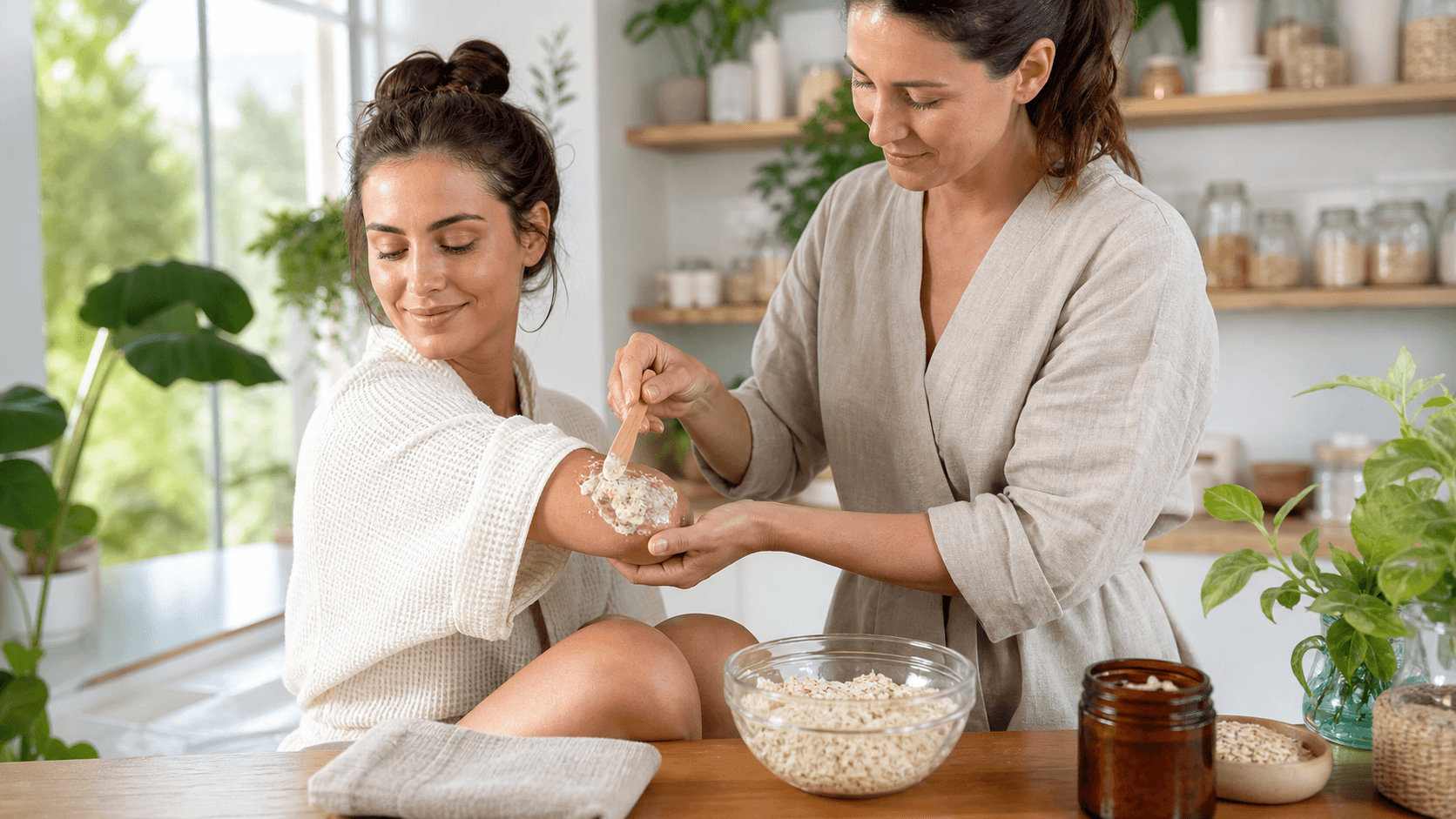 Glass bowl of oatmeal scrub with wooden spoon beside sunlit elbows and knees on a white towel