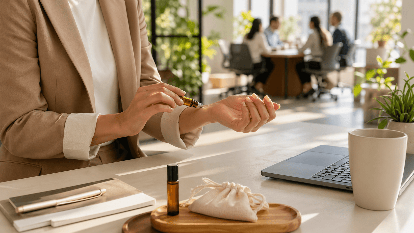 Small amber oil roll-ons and a green plant on a tidy desk in soft daylight, with a blurred laptop in back.