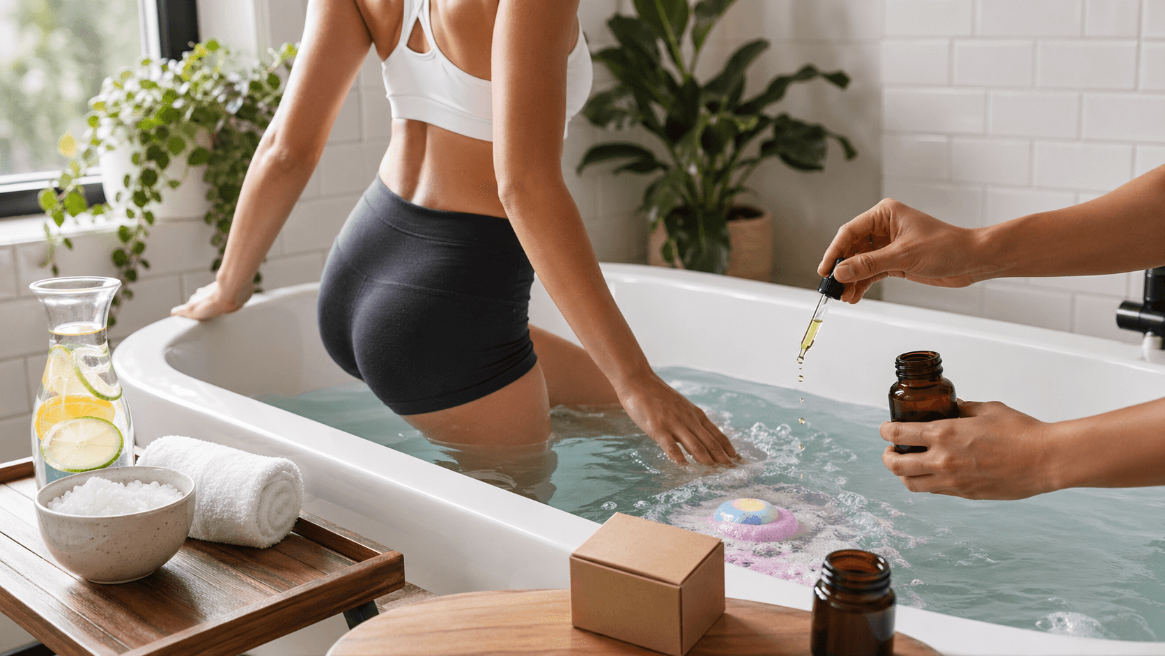 Pastel bath bomb fizzing in clear bathwater beside a folded towel and candle in soft, warm light.