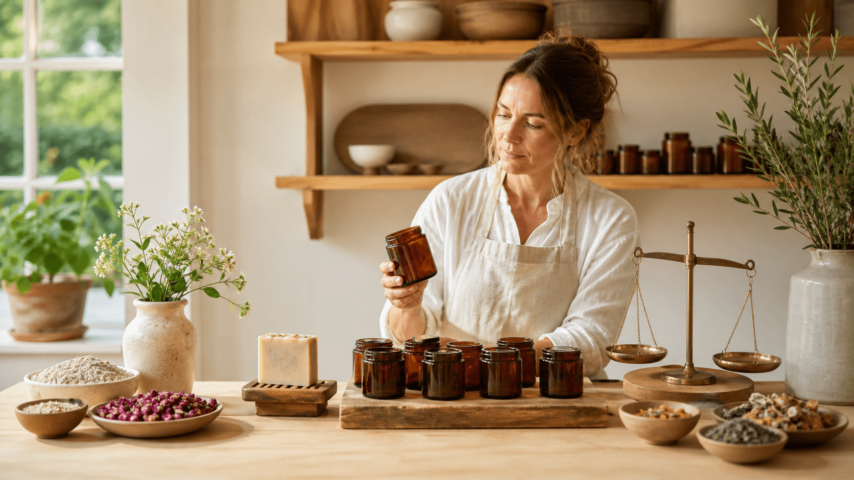 Elegant skincare bottles and jars arranged on cream silk with soft golden lighting and muted beige tones.