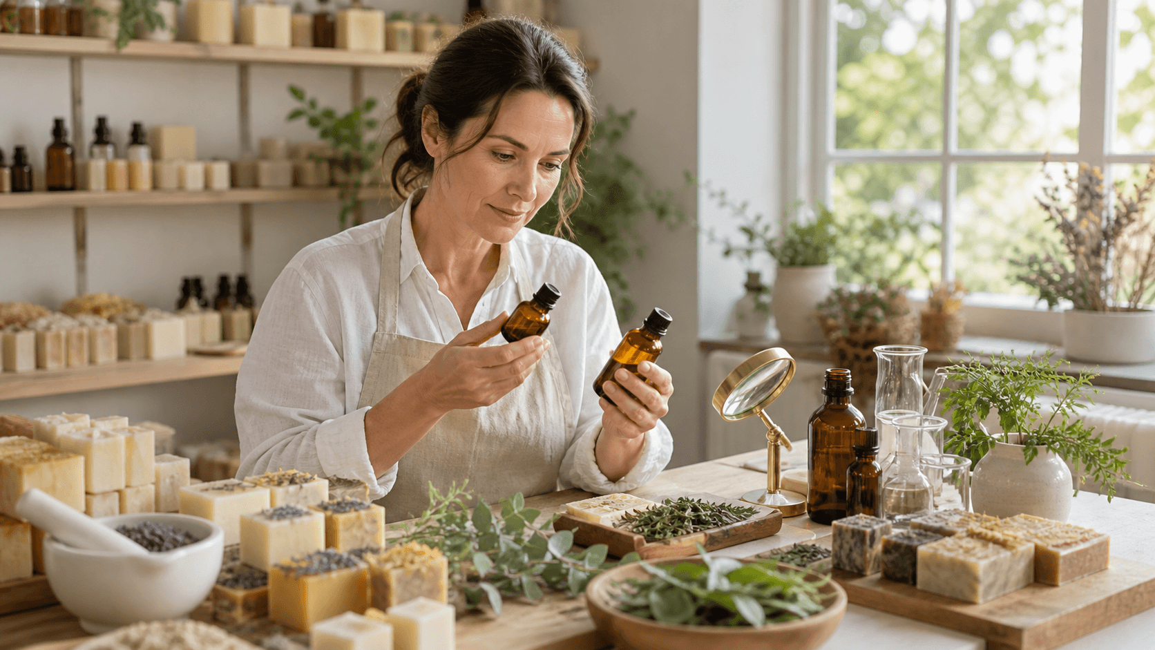 Natural soap bars, dried herbs, and glass bottles arranged on a sunlit wooden table.