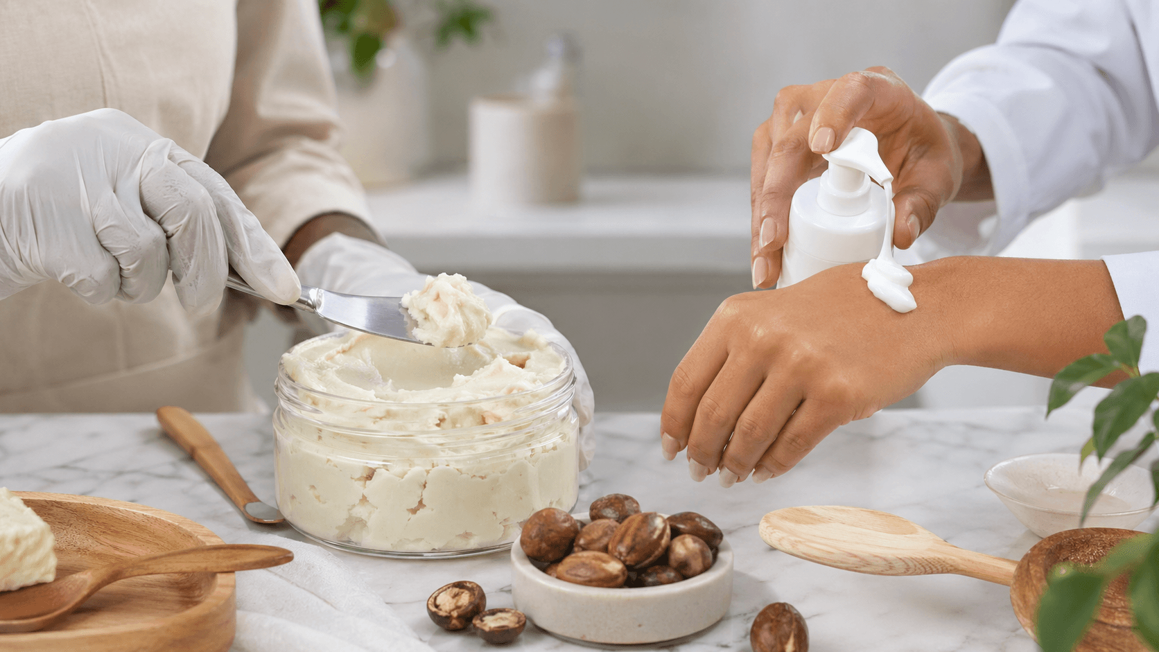 Two skincare jars labeled cream and lotion on a neutral countertop, with shea nuts and soft warm lighting.