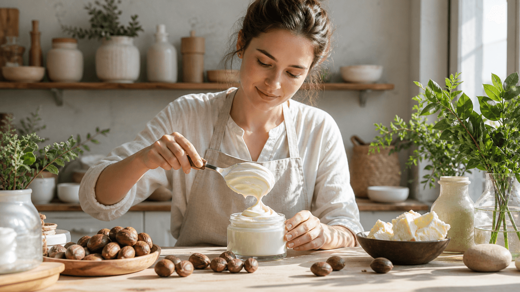 Creamy lotion in a glass jar with shea nuts and golden butter on a warm beige background