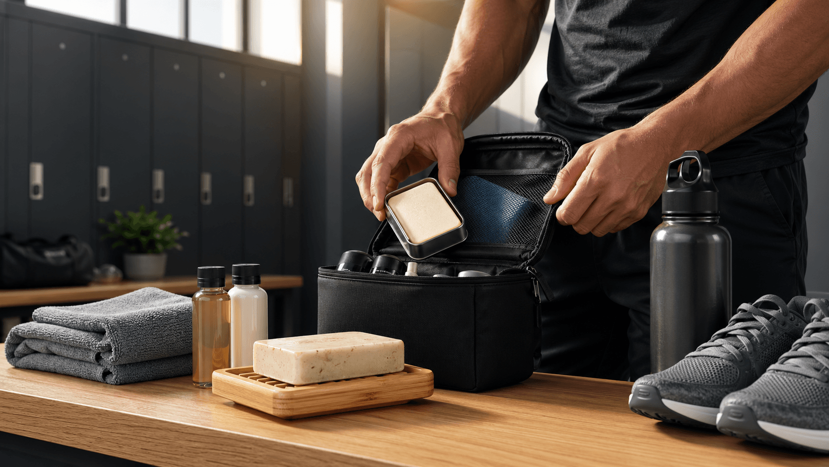 Flat lay of a tan bar soap beside a mesh pouch and travel toiletries on a light background with soft shadows.