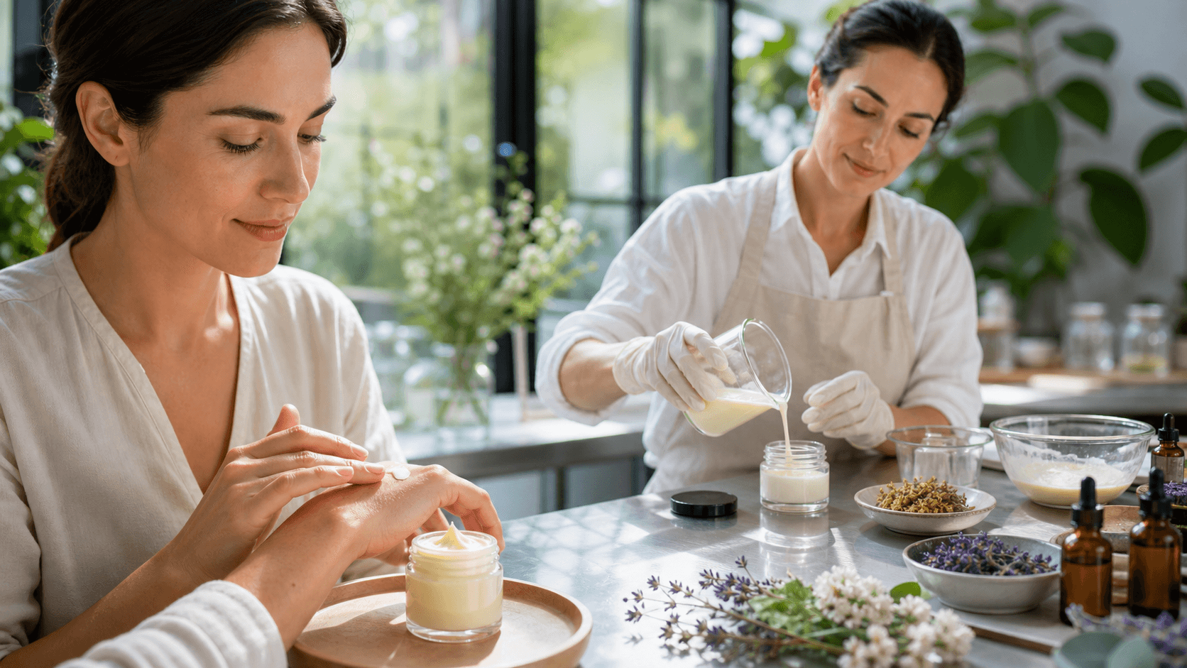 Glass jar of pale cream with wooden lid on beige fabric, surrounded by herbs, softly lit in warm tones