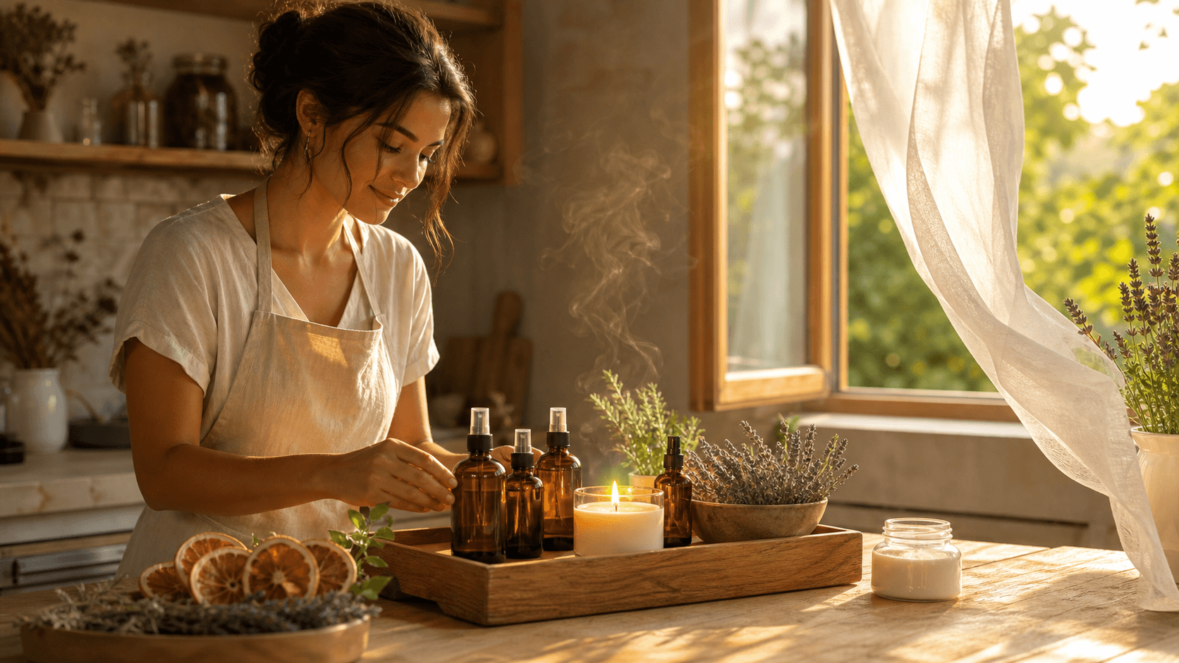 Sunlit tabletop with a lit soy candle, dried lavender, and citrus slices beside a window in warm golden light.