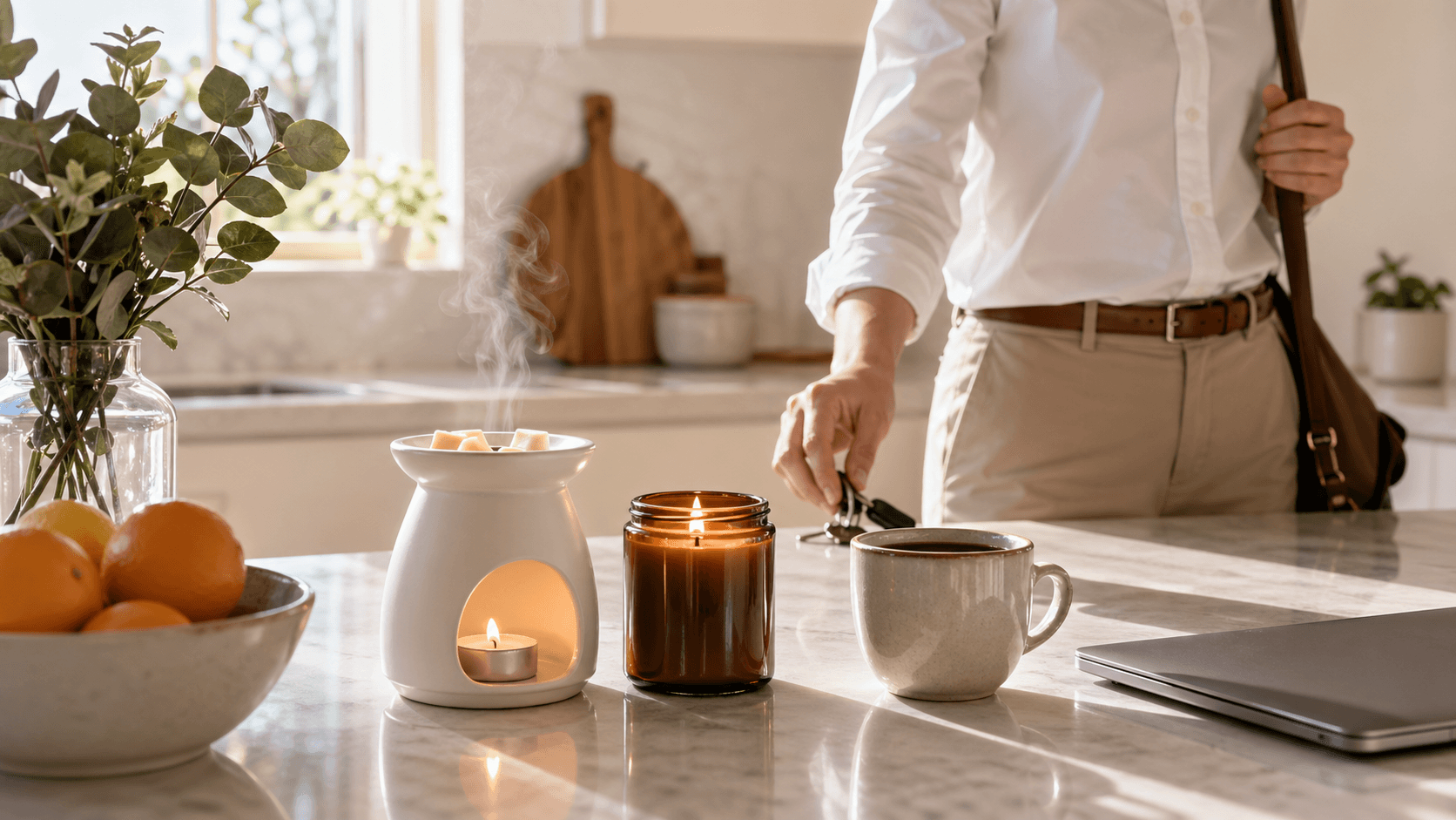 Morning-lit tabletop with a lit candle beside wax melt bars and a small ceramic warmer in soft neutral tones