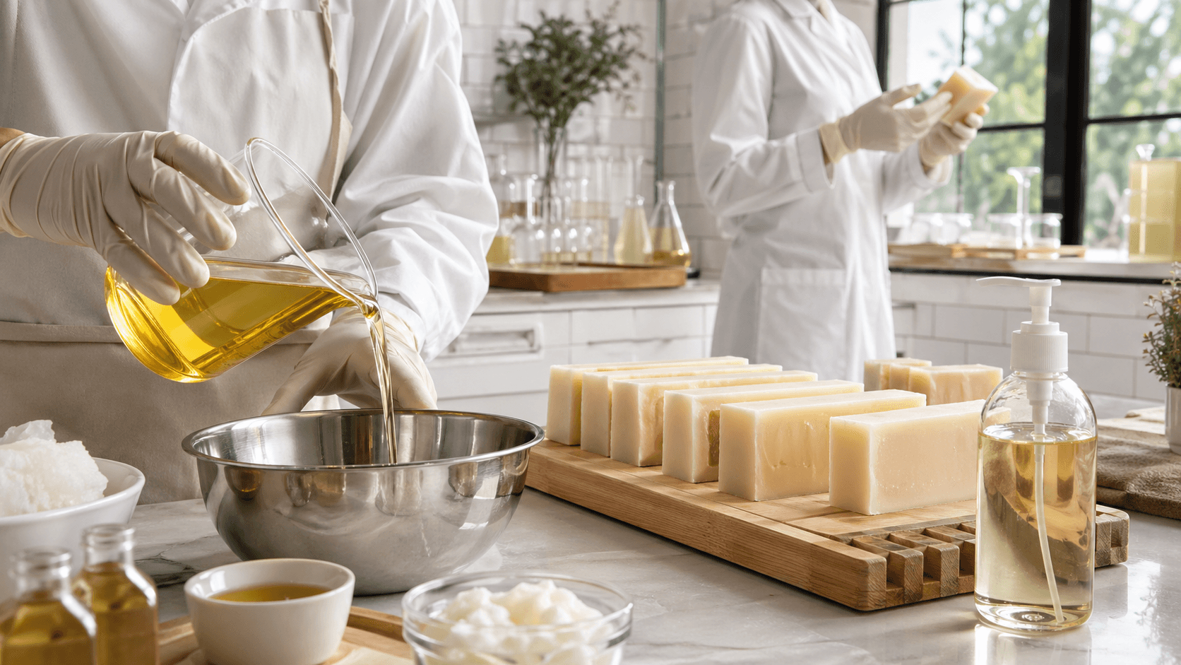 Amber oil bottle and creamy soap bar beside clear liquid cleanser in a bright bathroom, soft natural light.