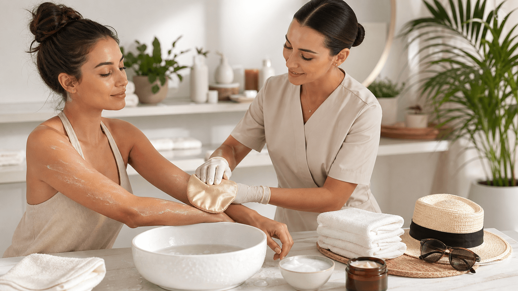 Beige silk exfoliating glove beside an open sunscreen tube on a white surface in soft, natural light