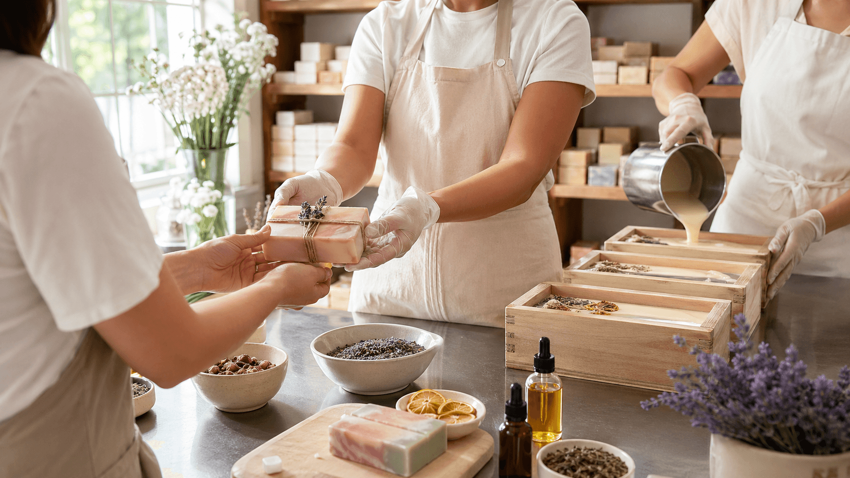 Rustic wooden table with handmade soap bars, dried flowers, and warm sunlight casting soft shadows
