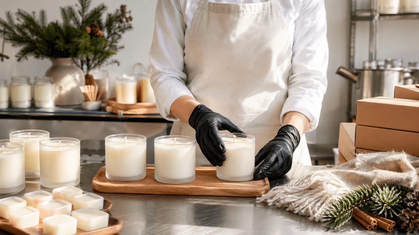 White soy candle in a glass jar on a snowy windowsill, warm amber glow against a cool blue winter backdrop