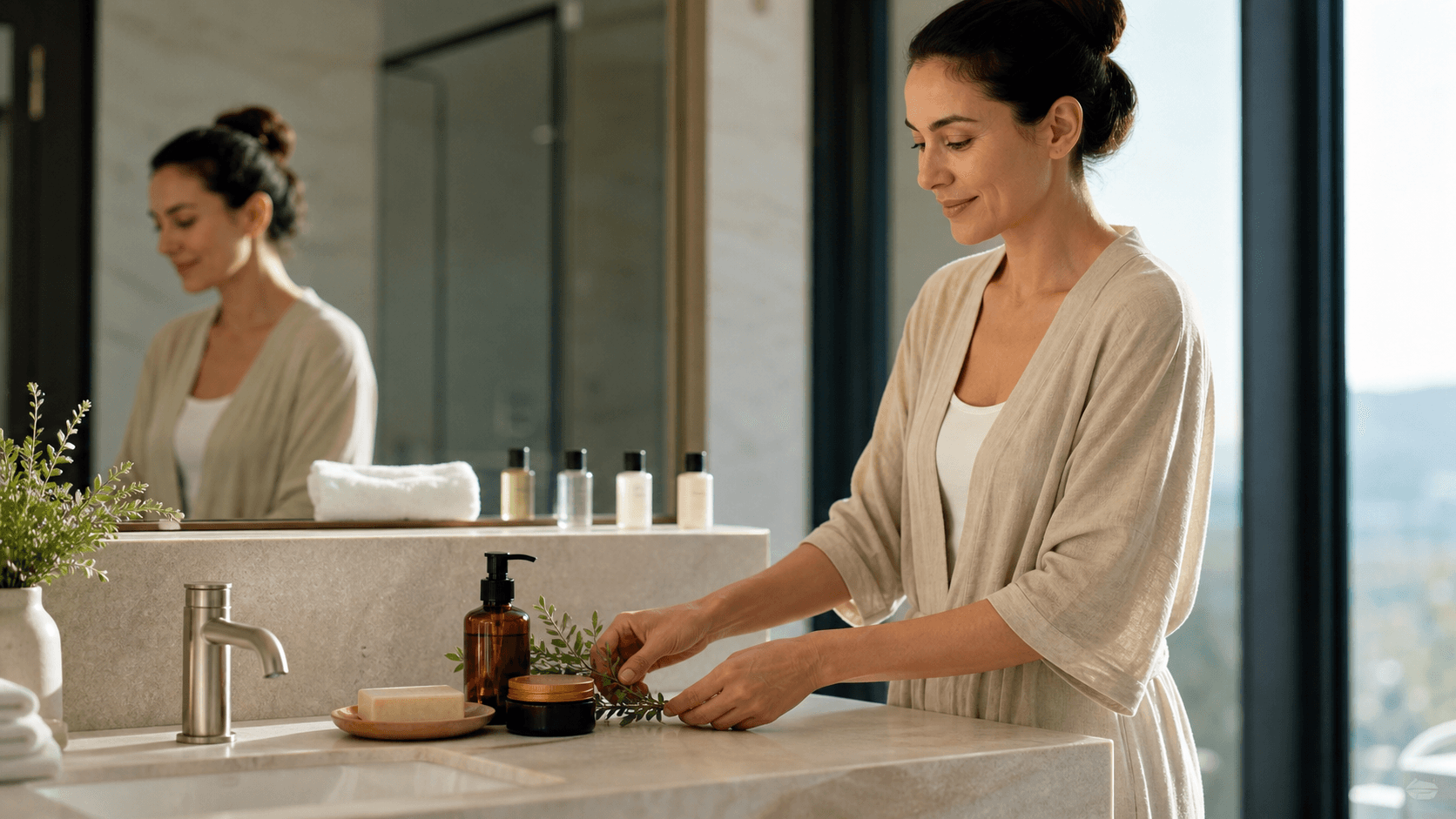 Amber glass bottles and natural soap on a hotel bathroom counter, softly lit with folded white towels in background
