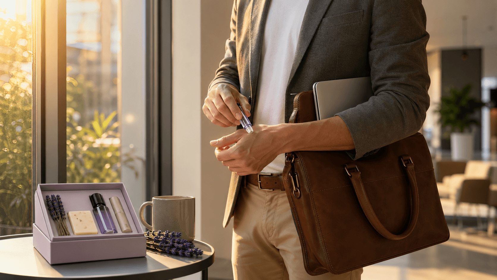 Hands applying a lavender essential oil roller to a wrist on a desk, soft warm light and purple accents.