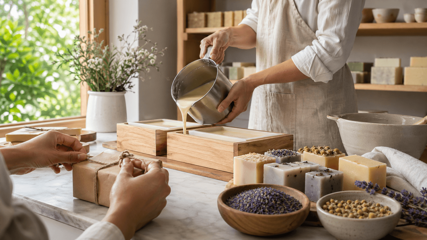 Pastel bath bombs and handmade soaps on a wooden tray, soft natural light, blurred spa towels in background