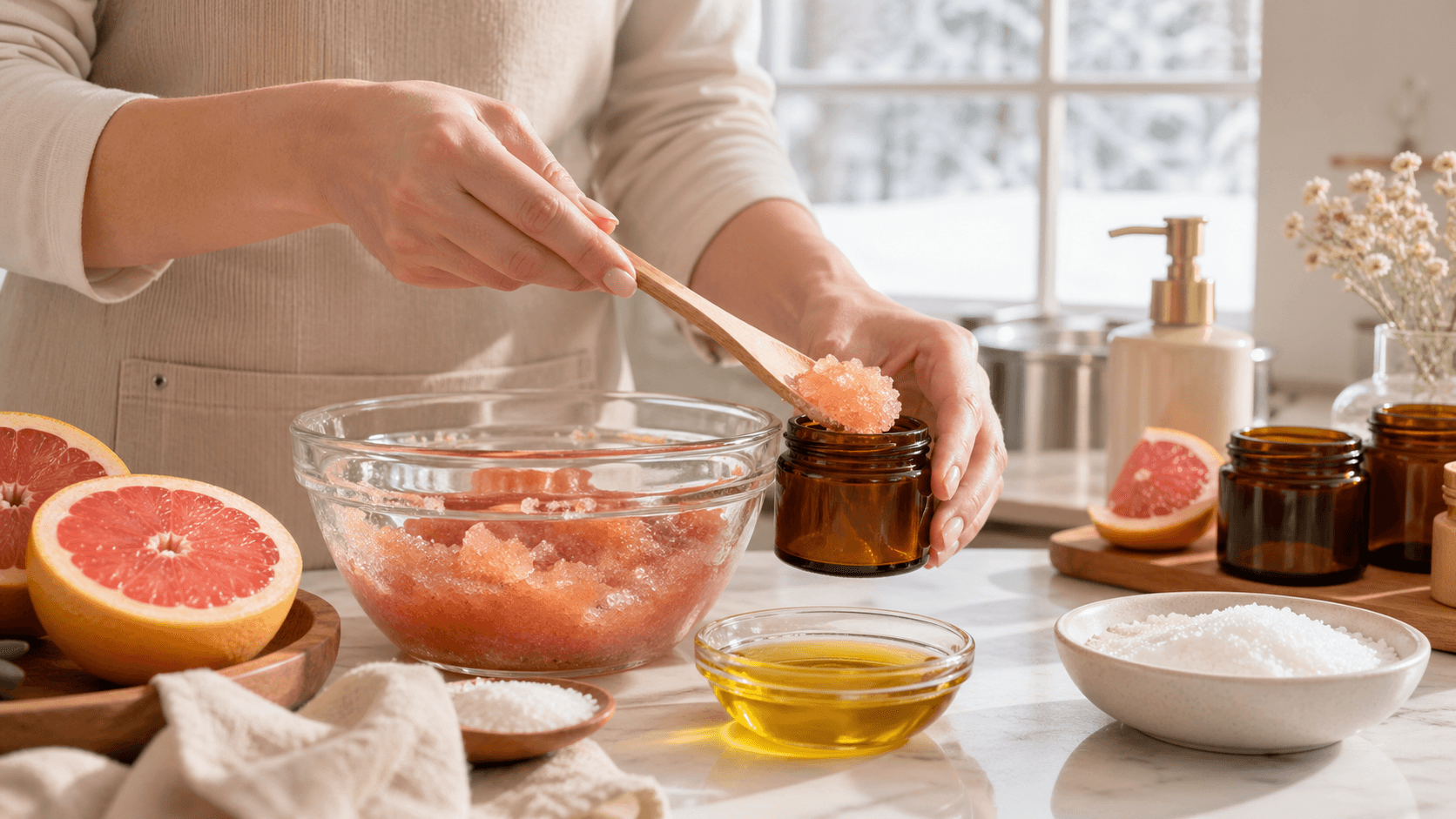 Jar of pink grapefruit scrub beside sliced grapefruit on a white countertop in soft natural light