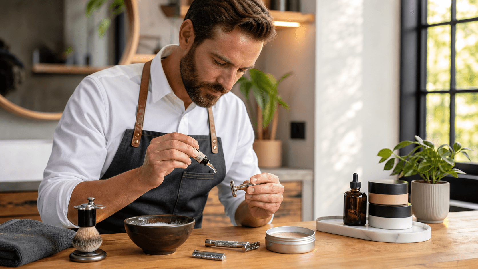 Flat lay of a black razor set with brush and blades on a wooden countertop, lit by soft morning light.