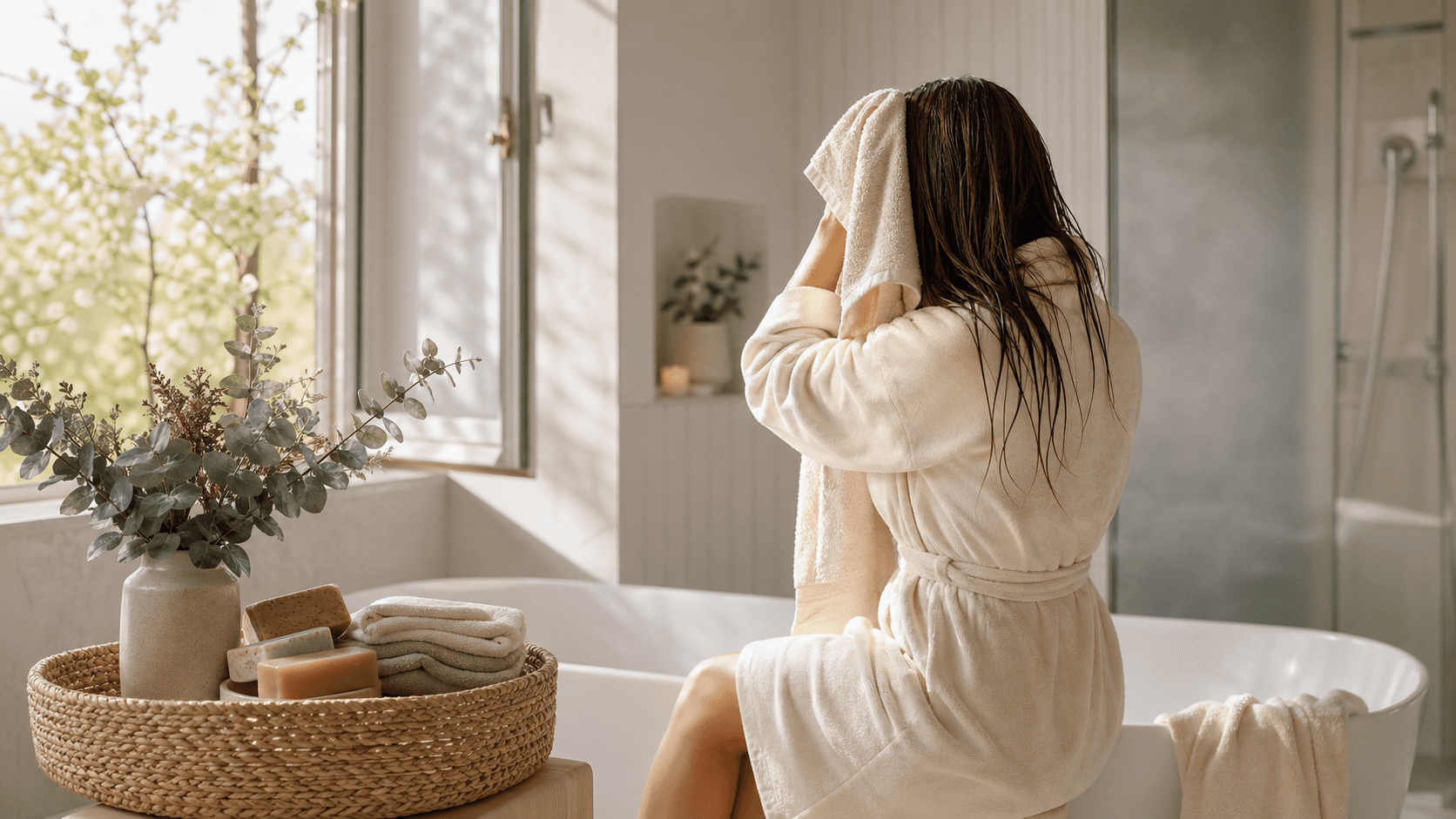 Sunlit beige bathrobe draped over a wooden chair beside a window, with soft shadows and neutral tones