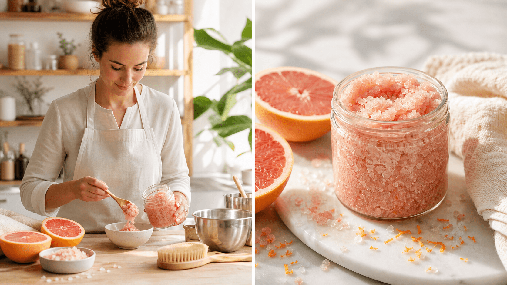 Pink grapefruit slices beside an open jar of body scrub on a sunlit bathroom counter with soft shadows