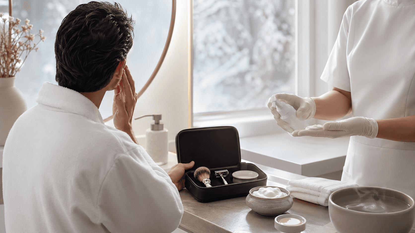 Close-up of a shaving brush, razor, and silver tin on a frosty countertop with soft winter light and pale blue tones.